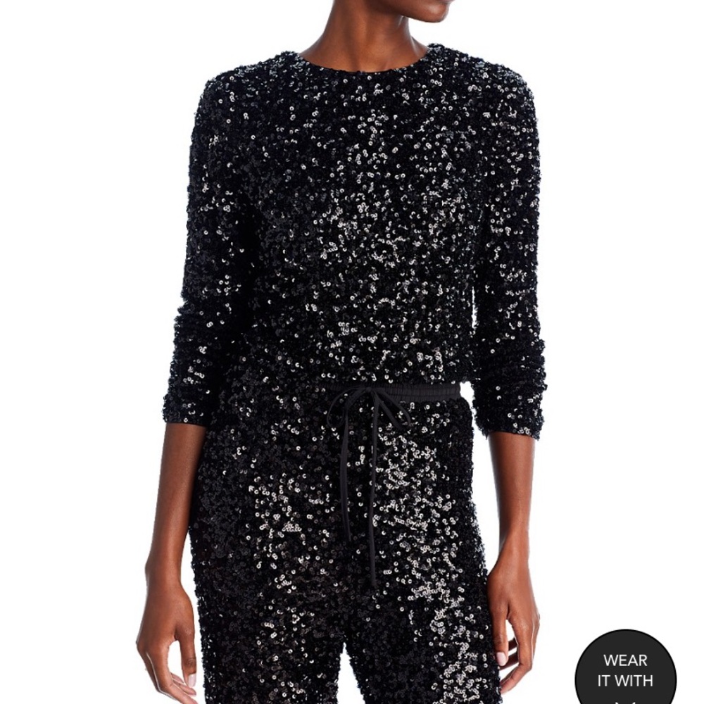 Aqua Sequin long sleeved cropped top, M